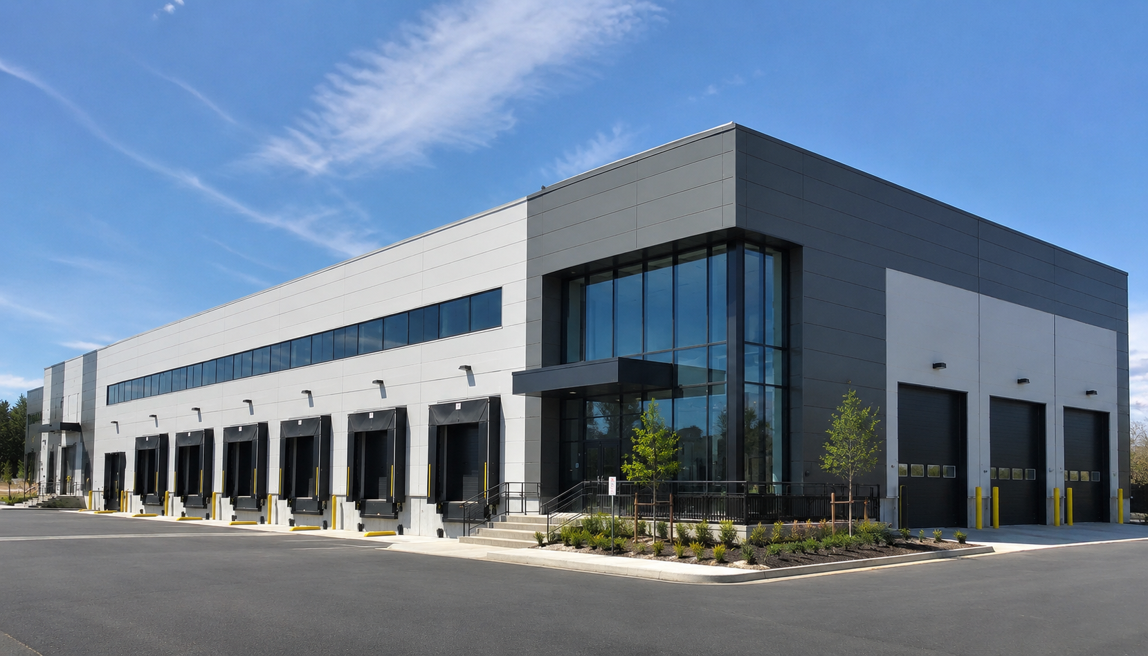Commercial sectional garage doors on an upscale Pleasanton business park near Hacienda Business Park and the Stoneridge corridor